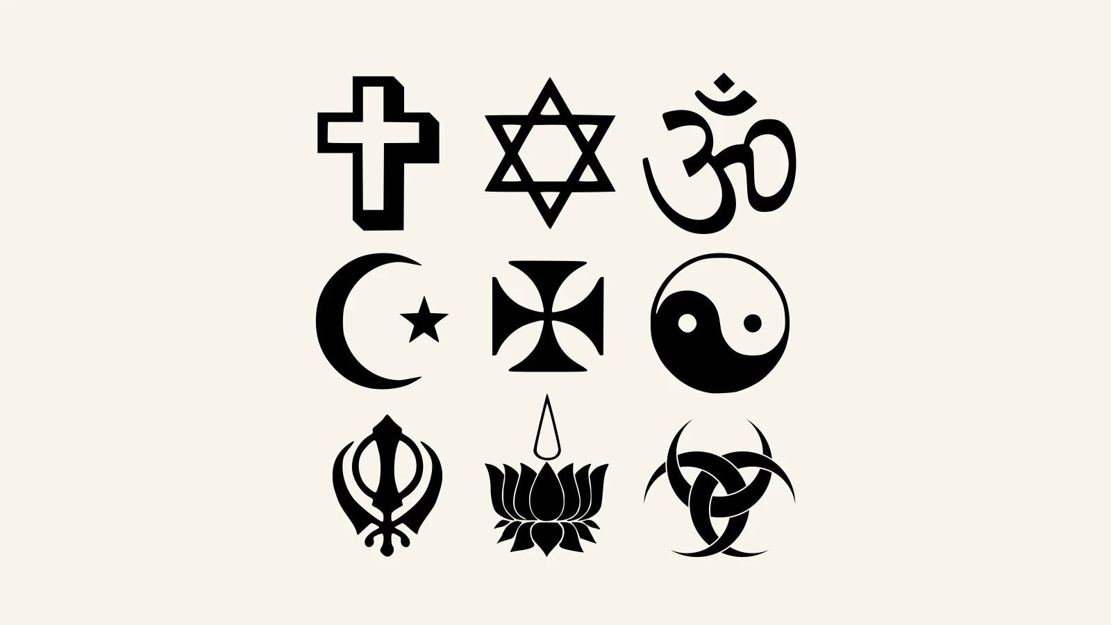 A public-domain chart showing multiple religious symbols, including a cross, Star of David, Om, star and crescent, yin-yang, and Khanda.